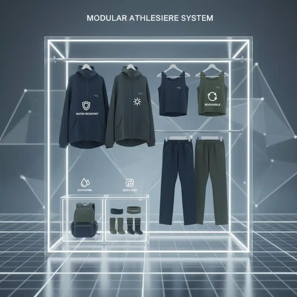 Digital rendering of a versatile and modular athleisure wardrobe system for effortless styling.