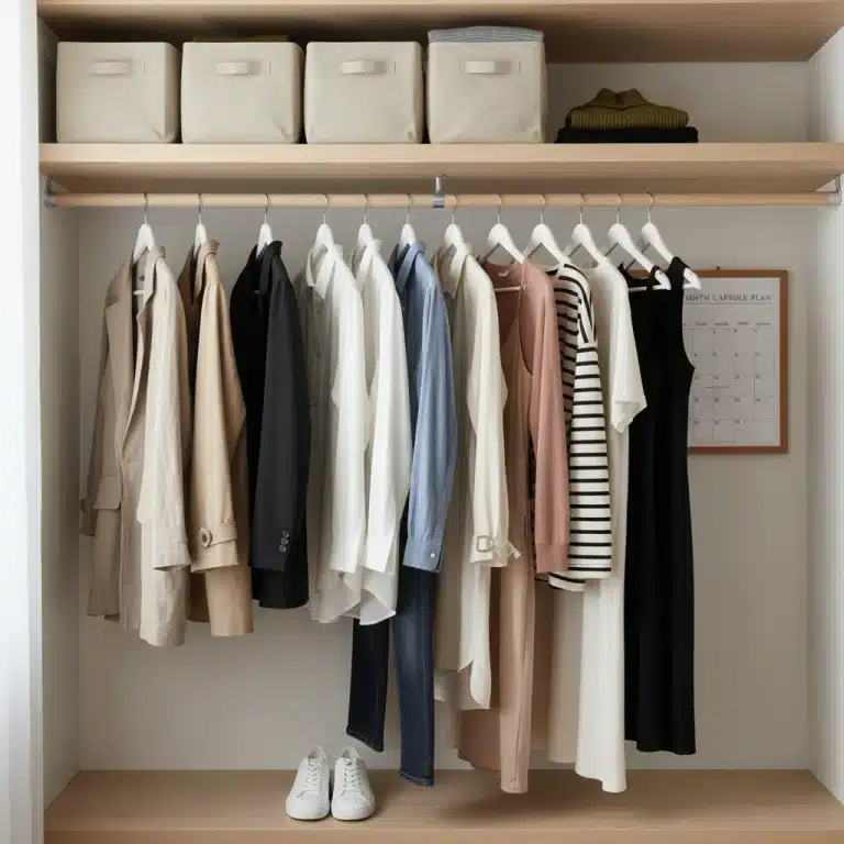 Organized capsule wardrobe with 15 versatile clothing pieces, ready for outfit creation.