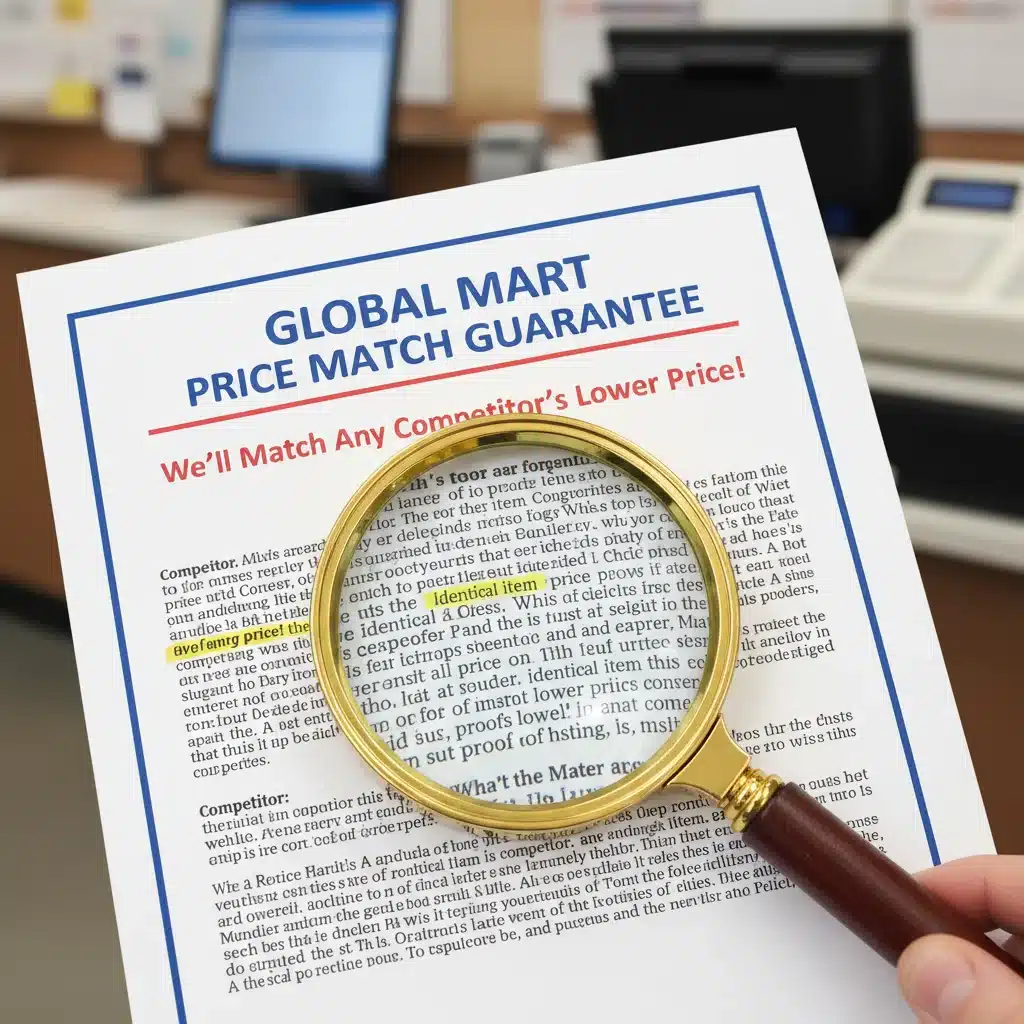 Close-up of a retail price match policy document with highlighted terms