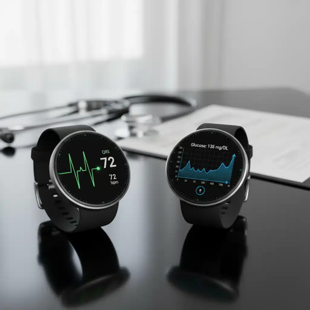 Two smartwatches showcasing advanced medical monitoring features.