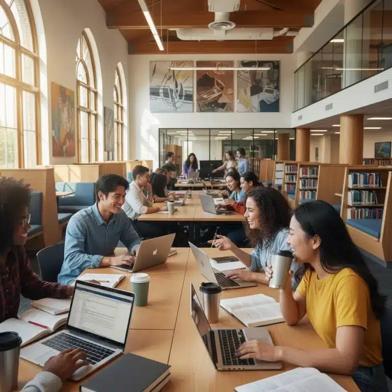 Students working on affordable laptops in a modern library