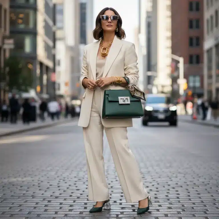 Stylish woman demonstrating expert accessorizing with modern jewelry, handbag, and sunglasses.