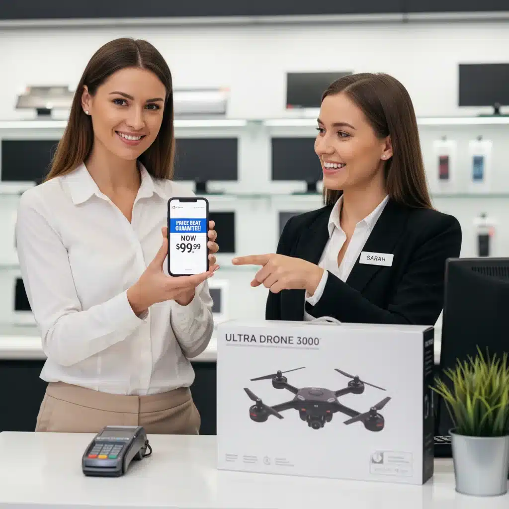 Customer successfully claiming a price match at a store's service desk