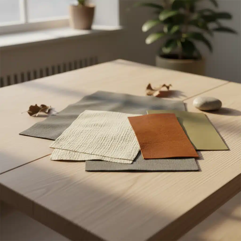 Sustainable fabric swatches showcasing organic cotton, recycled polyester, and bio-based leathers.