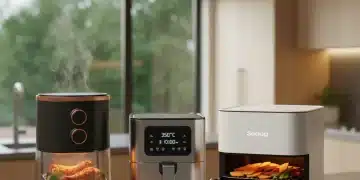 Three modern air fryers on a kitchen counter, ready for use, with fresh ingredients.