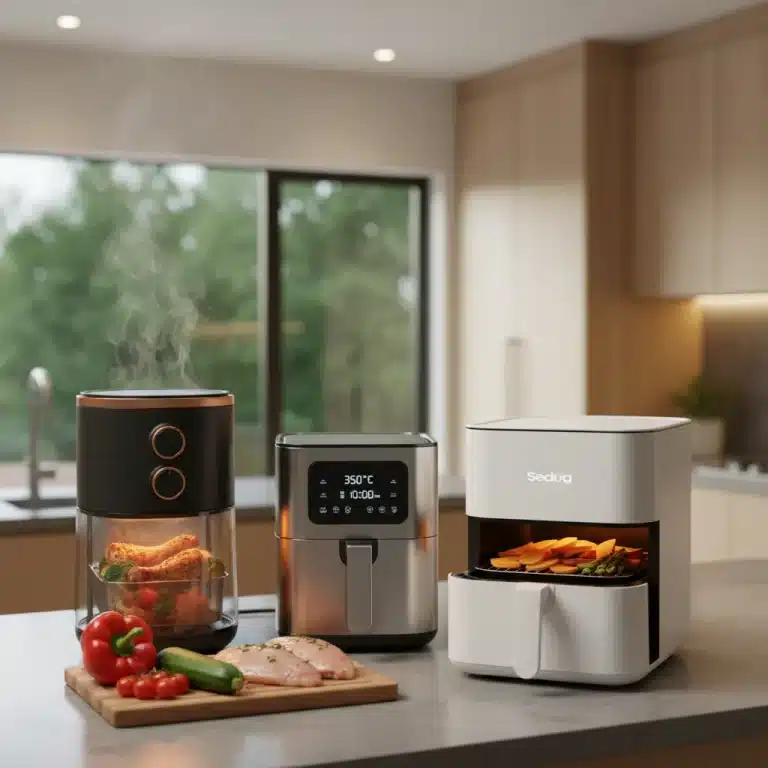 Three modern air fryers on a kitchen counter, ready for use, with fresh ingredients.
