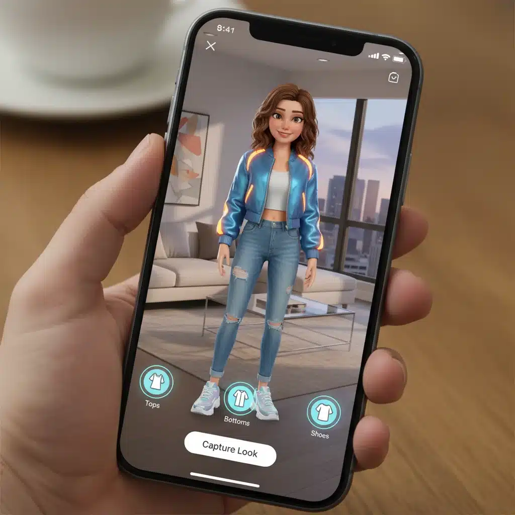 Virtual try-on app on a smartphone with a digital outfit