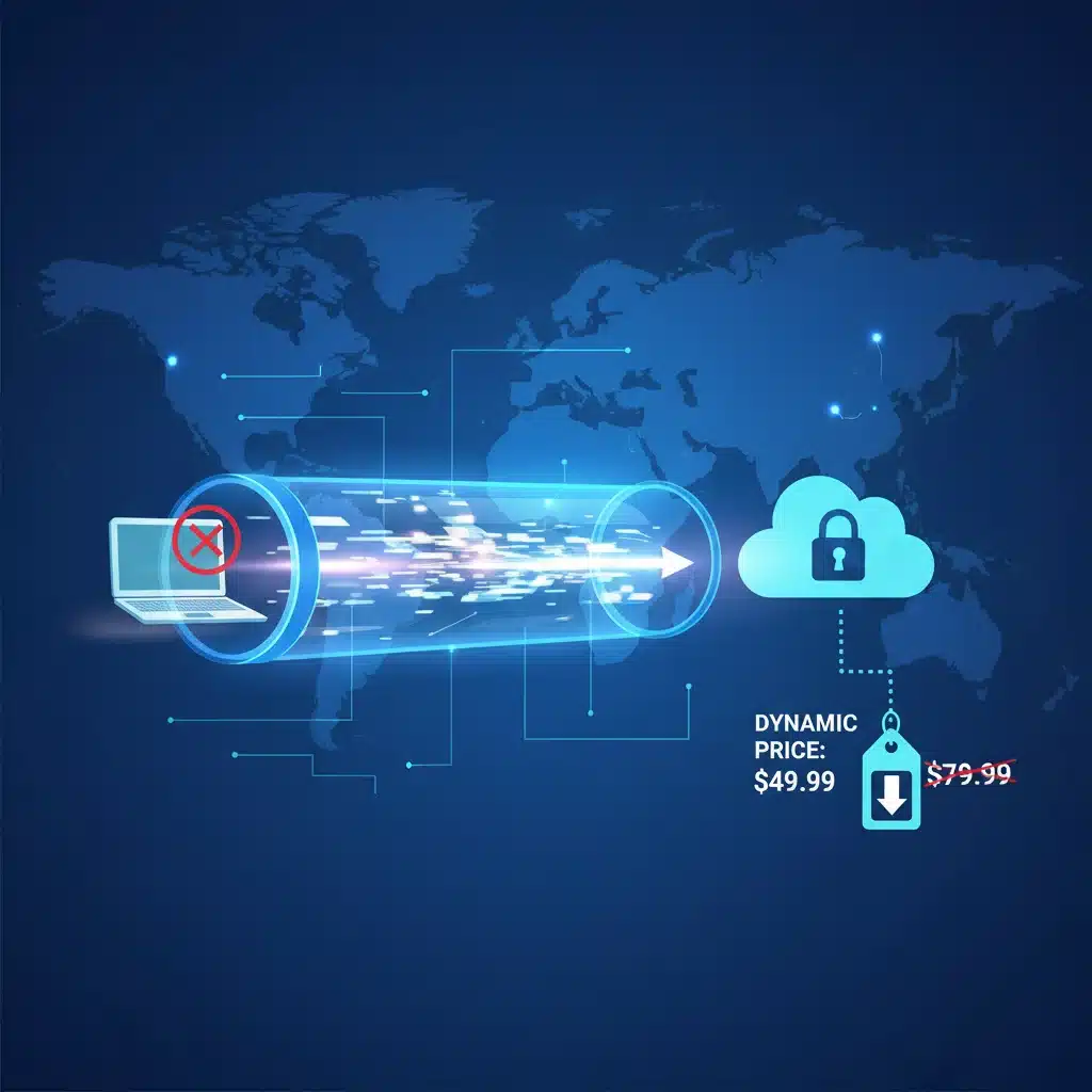 Diagram showing secure data flow through a VPN server for privacy and price optimization